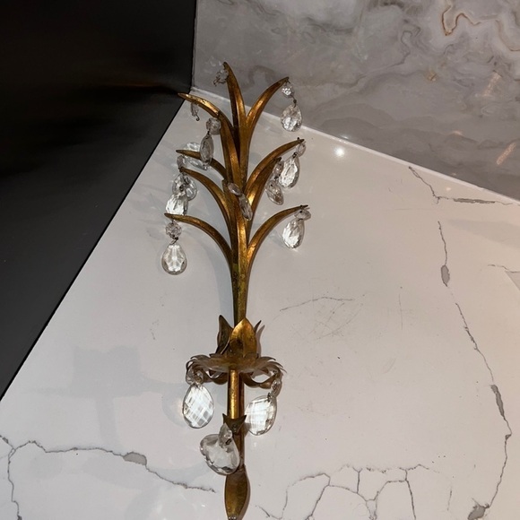 Vintage Hollywood Regency 18” Sconce Crystal Glass Prism Tole Metal - Gold Gilt - Picture 3 of 14